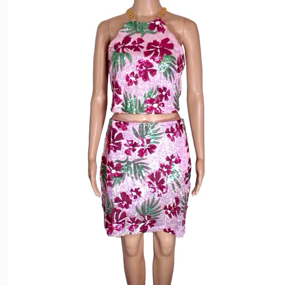 Rachel Zoe Floral Halter Skirt Set in Pink and Green